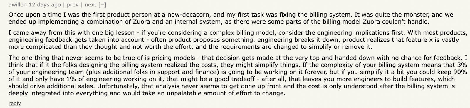 Comment from Hacker News on including engineers in the design process of billing systems